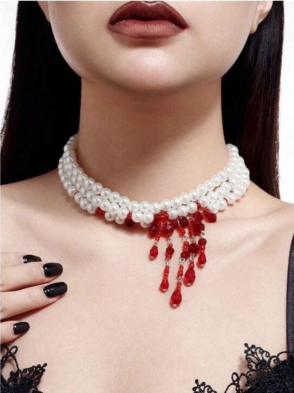 Pearl Choker Necklace with Red Crystal Drops